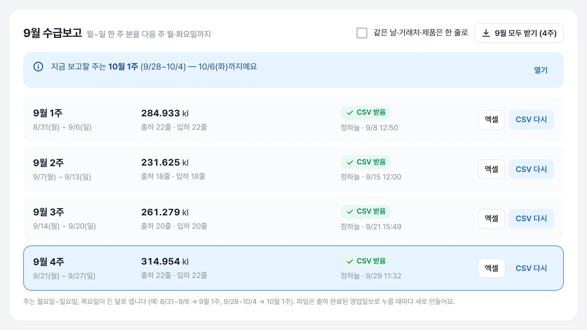 석유관리원 주간 수급보고 화면: 주마다 엑셀 · CSV 받기 (견본 데이터)